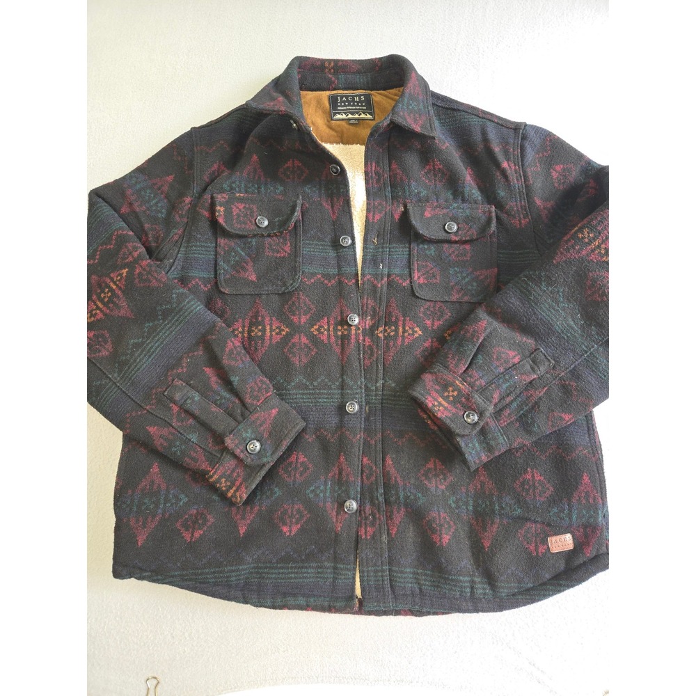 Jachs New York Shirt Jacket Mens XL Black Southwestern Sherpa Lined Wool Blend